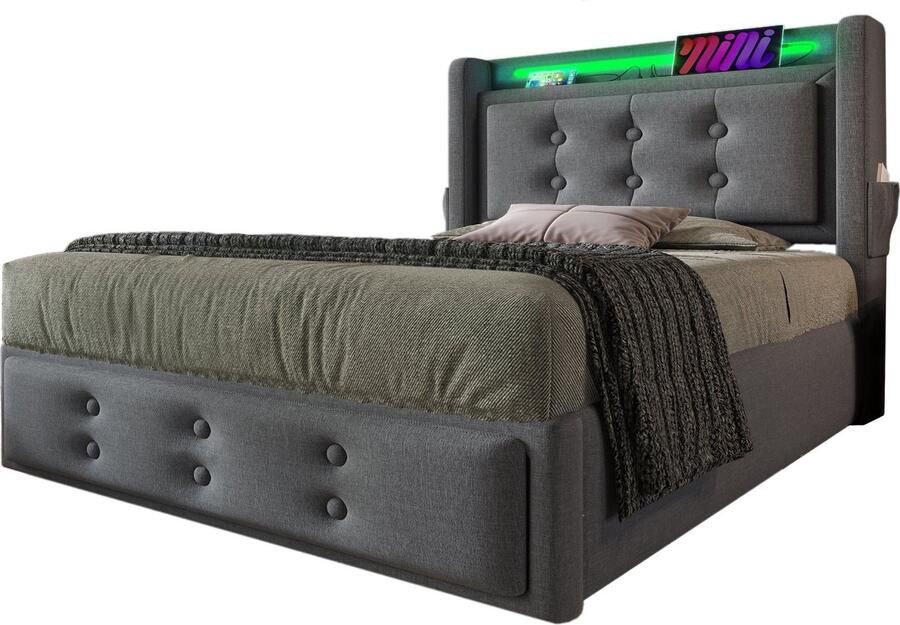 Merax Gestoffeerd Eenpersoonsbed 90x200 Eenpersoonsbed met LED Hoofdbord USB-C Oplaadfunctie Hydraulisch Bed met Houten Lattenbodem en Metalen Frame Inclusief Matras Grijs