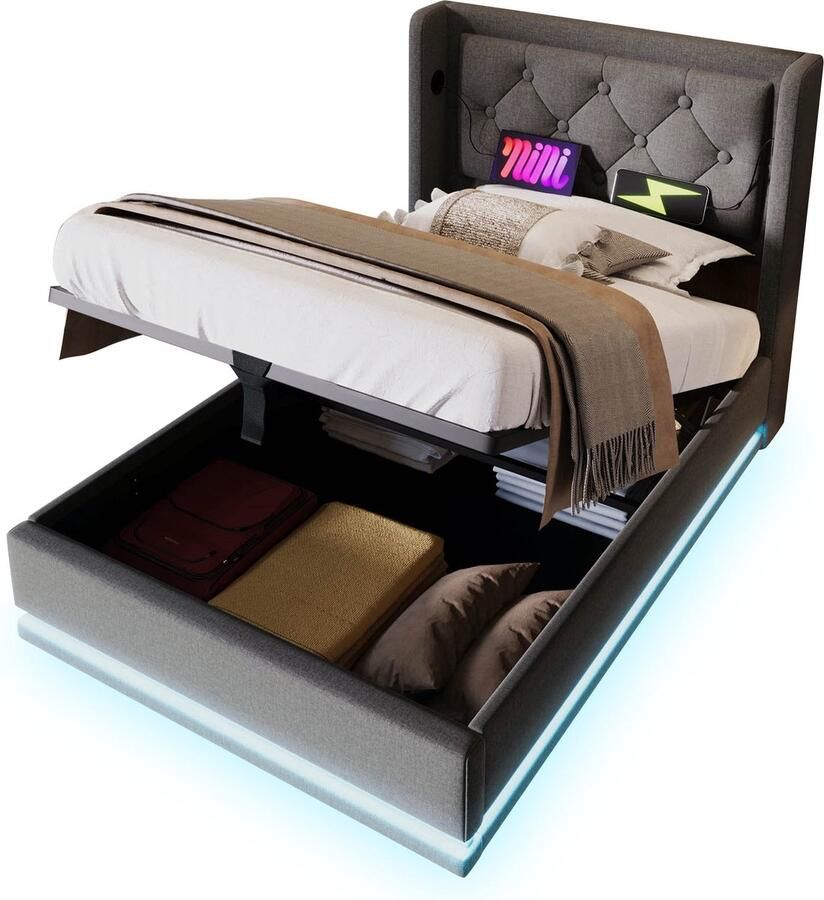 Merax Polsterbett Einzelbett 90*200 cm Grau Baumwolle-Material Hydraulisches Stauraumbett gepolstertes Kopfteil mit USB Typ-C Ladefunktion 3-seitige LED-Funktion(Ohne Matratze)