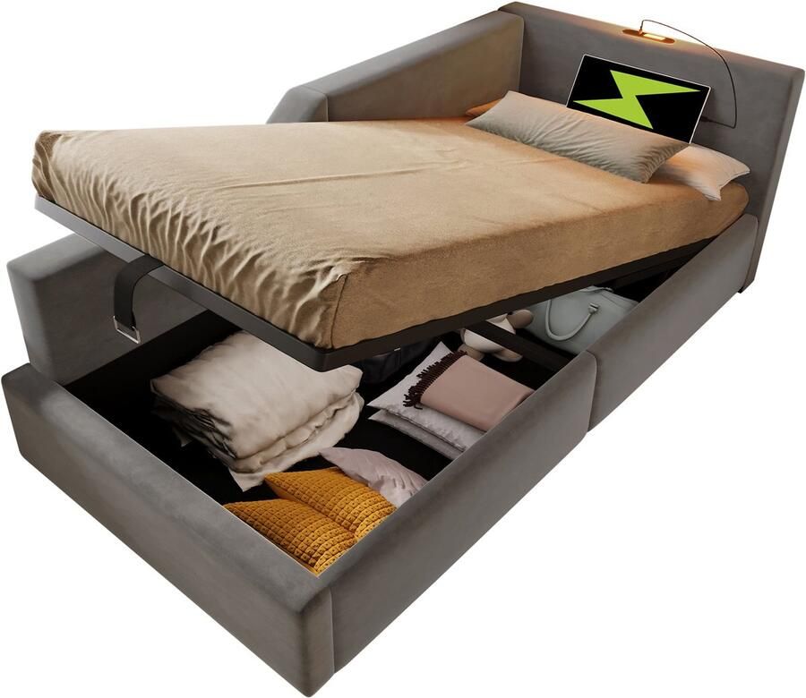 Merax Gestoffeerd Eenpersoonsbed 90x200cm met Hydraulische Opbergruimte Bed met USB-C Aansluiting en Leeslamp Grijs - Foto 2