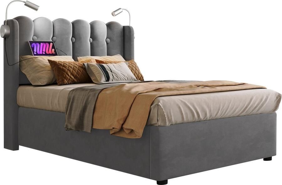 Merax Gestoffeerd Eenpersoonsbed 90x200cm met Leeslamp en Oplaadfunctie Opbergruimte Fluwelen Bedframe voor Jongeren Grijs (Zonder Matras) - Foto 3