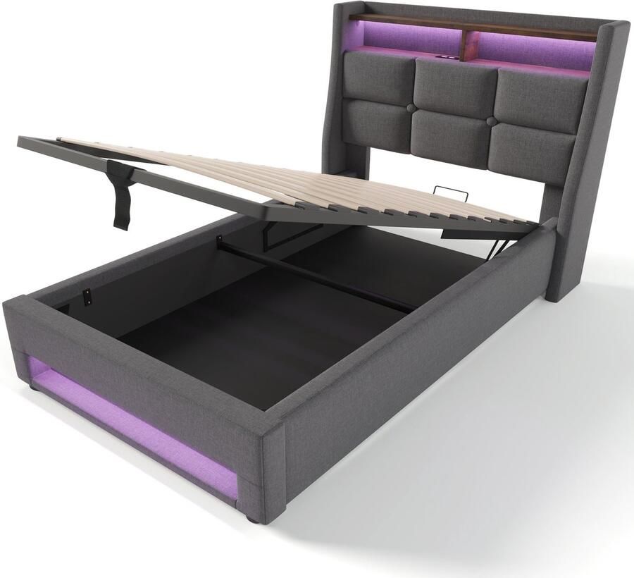 Merax Gestoffeerd Eenpersoonsbed inclusief Koudschuim Matras 90x200 cm Bed met USB Aansluiting en Metalen Frame Bedframe met LED Verlichting en Opbergruimte Grijs Linnen - Foto 2