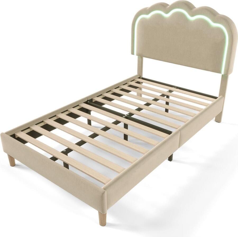 Merax Gestoffeerd Eenpersoonsbed met LED-Verlichting 90 x 200 cm Bedframe met Lattenbodem en Verstelbaar Hoofdbord Linnen Bed Beige - Foto 4