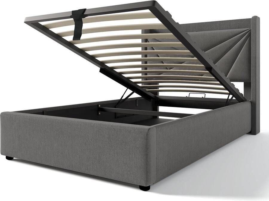 Merax Gestoffeerd Eenpersoonsbed met Opbergruimte USB Type-C Oplaadfunctie Linnenmateriaal 90x200 cm (Inclusief Matras)