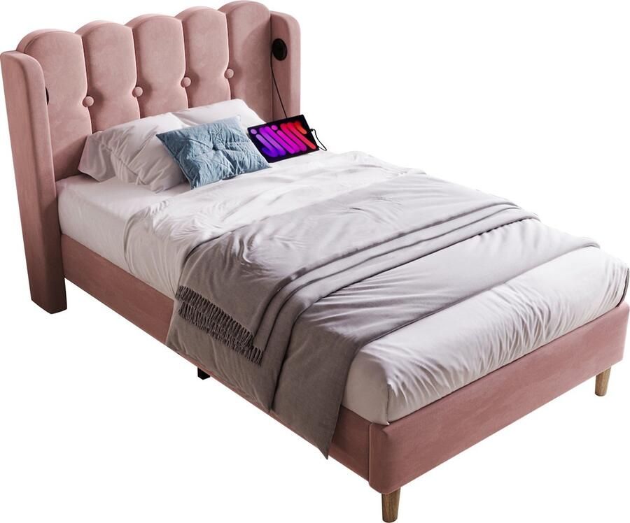 Merax Gestoffeerd Eenpersoonsbed met USB-C Aansluiting 90x200 cm Velvet Bed Roze
