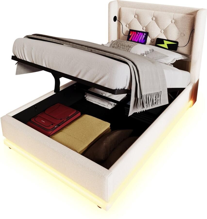 Merax Gestoffeerd Eenpersoonsbed met USB Type-C en LED Verlichting Bed met Hydraulische Opbergruimte 90x200 cm Beige