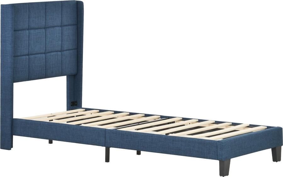 Merax Gestoffeerd Eenspersoonsbed met Gestoffeerd Hoofdbord Bed 90x200cm Blauwe Linnen Stoffering Inclusief Lattenbodem en Veer Matras Middelharde Stevigheid - Foto 3
