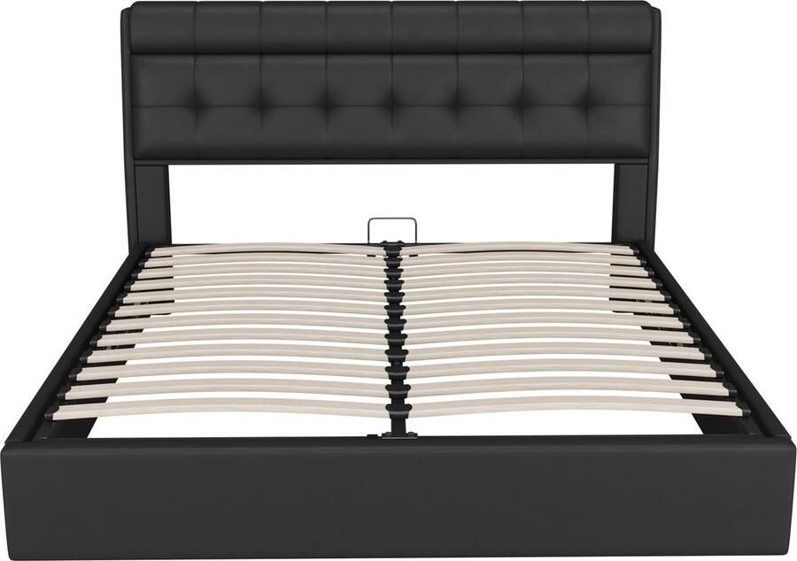 Merax Gestoffeerd Hydraulisch Bed 140x190 cm met Verborgen Opbergruimte in Hoofdbord en Onderbed PU-Leder Lattenbodem Inclusief Modern Tweepersoonsbed Zwart