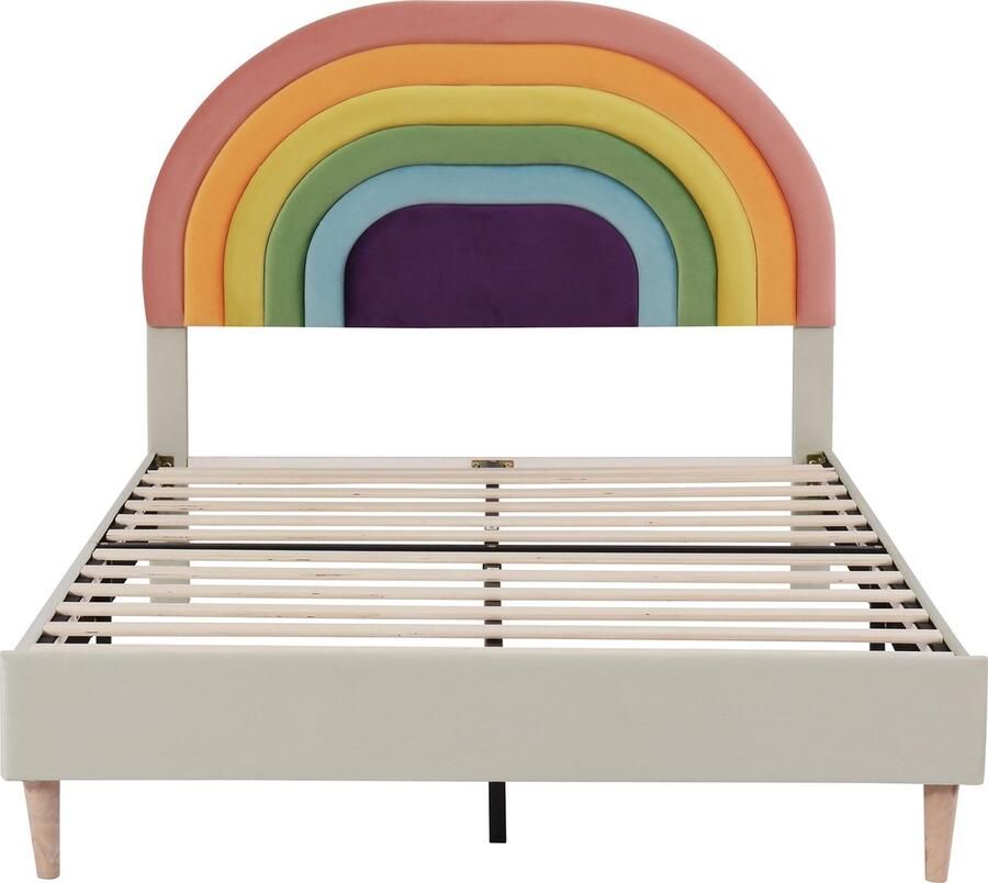 Merax Gestoffeerd Kinderbed 140x200 cm Tweepersoonsbed met Lattenbodem Bed met Verstelbaar Regenboog Hoofdbord Beige