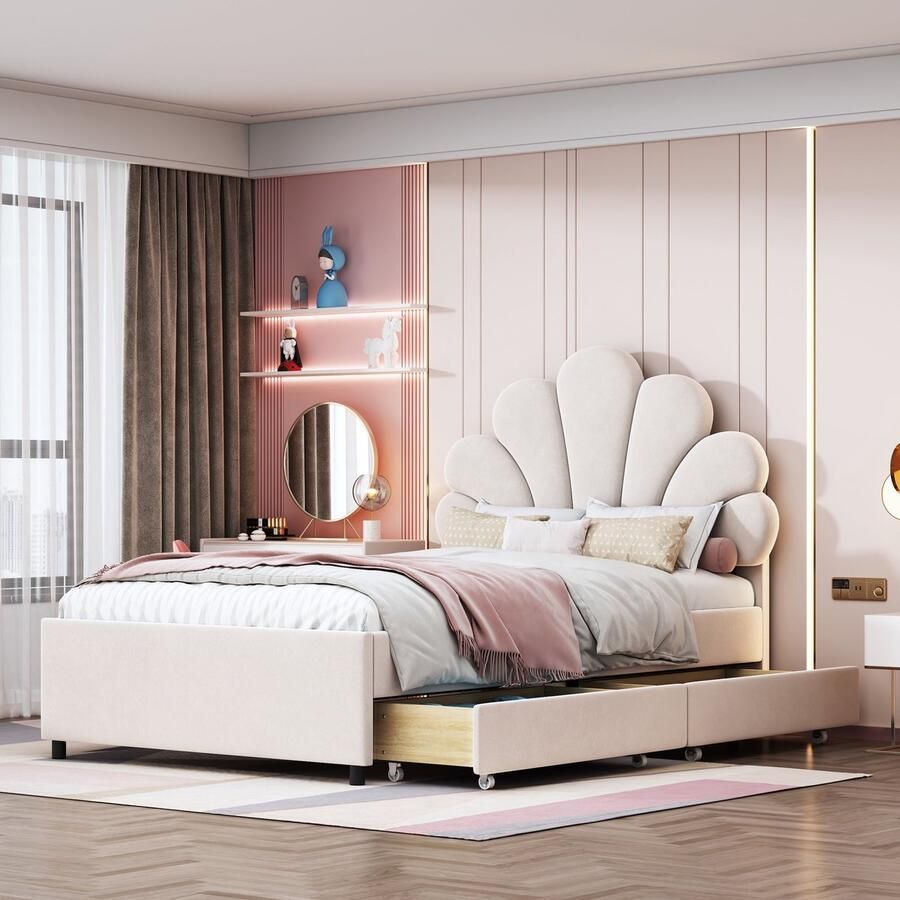 Merax Gestoffeerd Kinderbed 90 x 200 cm Bedframe met Bloemenhoofdbord en Lattenbodem 2 Opberglades Beige Fluwelen Stof Meisjesbed Gastbed