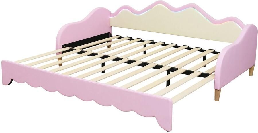 Merax Gestoffeerd Kinderbed 90(180) x 190 cm – 2-in-1 Multifunctioneel Slaapbank – Kunstleer Bed met LED-verlichting en Lattenbodem – Roze - Foto 2
