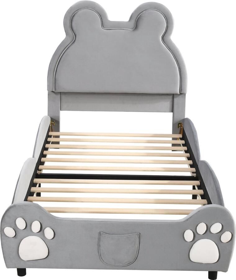 Merax kinderbed 90x200 cm – grijs eenpersoonsbed in berenvorm – gestoffeerd met huidvriendelijk fluweel - Foto 2