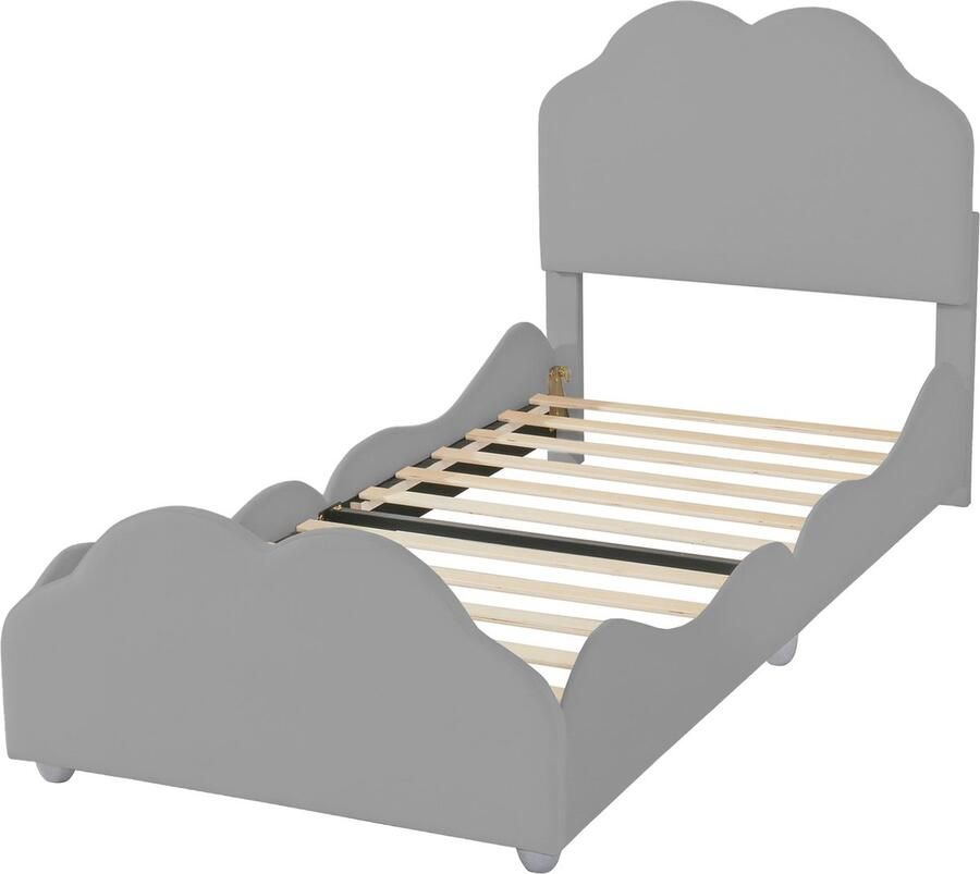 Merax Gestoffeerd Kinderbed 90x200 cm Bed met Hoog Omheind Bedframe Eenpersoonsbed met Wolkvormige Hoofdeinde en Voeteneinde Velvet Grijs - Foto 4