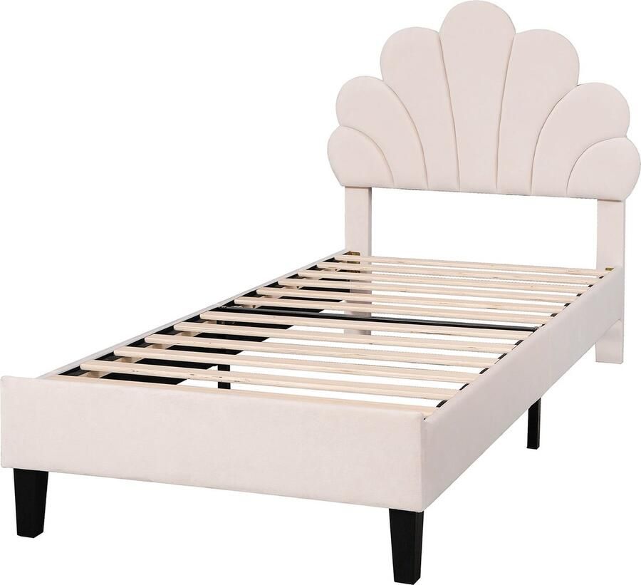 Merax Gestoffeerd Kinderbed 90x200 cm Bed voor Kinderen met Verstelbaar Hoofdbord Beige