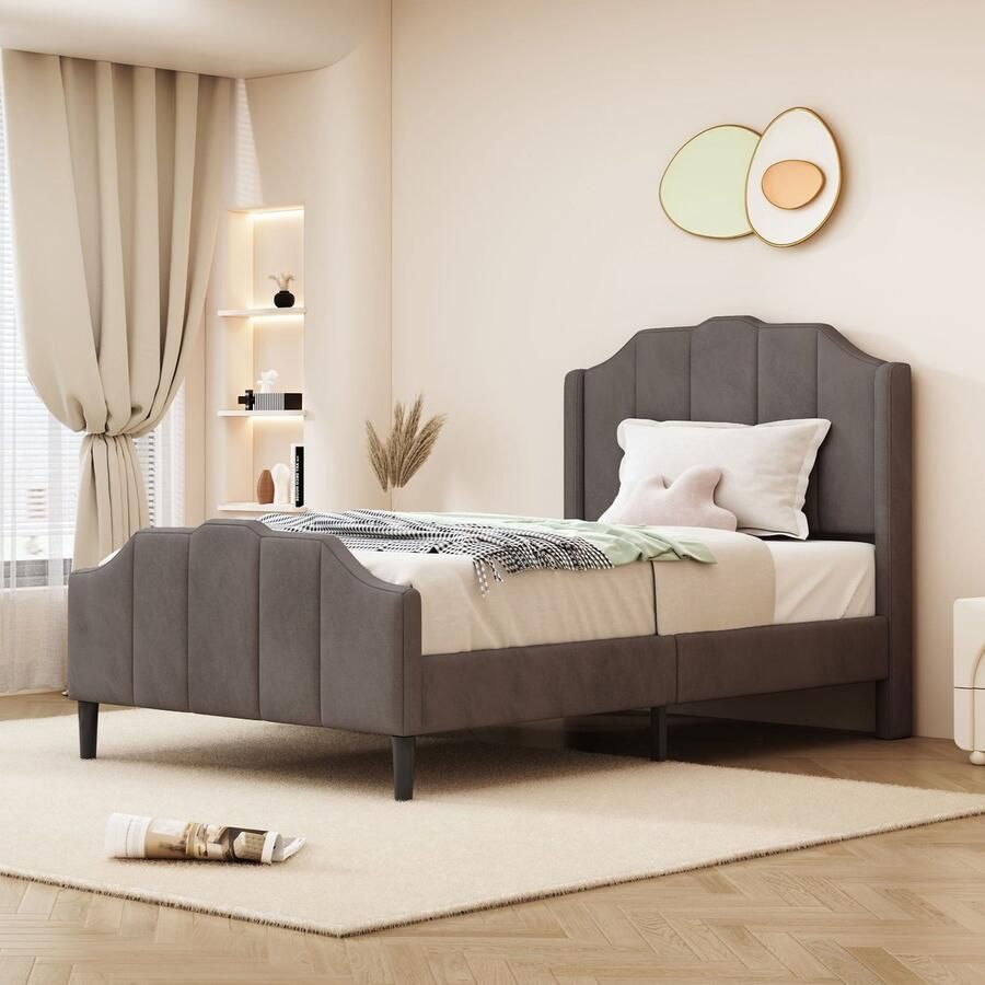 Merax Gestoffeerd Kinderbed 90x200 cm Grijs Velvet Bedframe met Hoofdbord Voetbord en Lattenbodem Jeugd- en Logeerbed