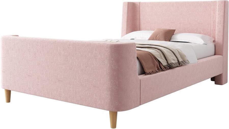 Merax Gestoffeerd Kinderbed 90x200 cm – Fluweel – Eenpersoonsbed met Ruimte Patronen – Houten Lattenbodem – Roze