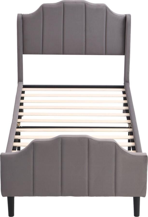 Merax Gestoffeerd Kinderbed 90x200 cm Grijs Velvet Bedframe met Hoofdbord Voetbord en Lattenbodem Jeugd- en Logeerbed - Foto 2