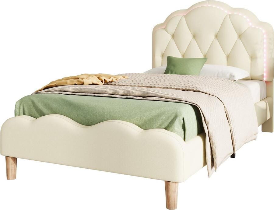 Merax Gestoffeerd Kinderbed 90x200 cm Kunstleer Eenpersoonsbed met Golfvormig Hoofdbord Inclusief LED-Lichtstrips Wit