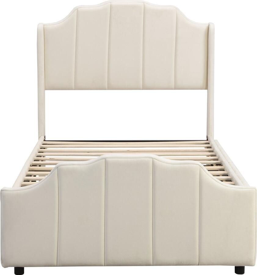 Merax Gestoffeerd Kinderbed 90x200 cm met 2 Opberglades en Lattenbodem – Stijlvol Jeugdbed of Logeerbed in Beige Fluweel - Foto 2