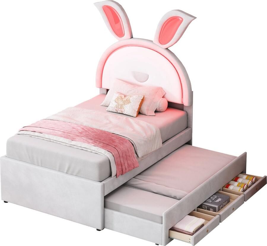 Merax Gestoffeerd Kinderbed 90x200 cm met Extra Uitschuifbaar Bed 90x190 cm en Konijnen Oren Luxe Eenpersoonsbed in Fluwelen Stof met LED-Verlichting Beige