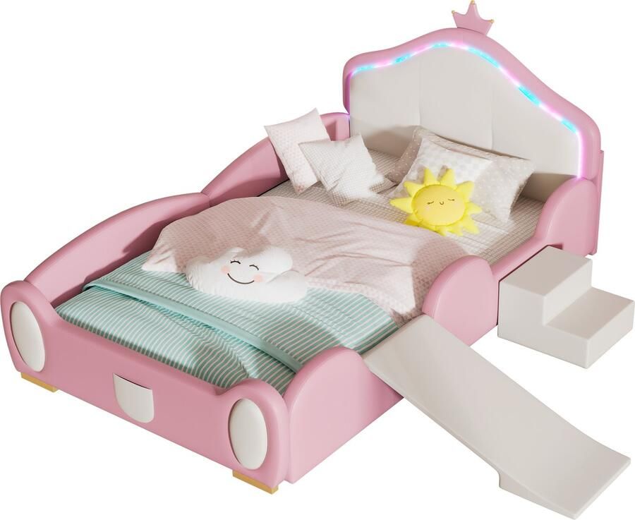 Merax Gestoffeerd Kinderbed – 90x200 cm – Prinsessenbed met Glijbaan en Trap – Kunstleer – LED Verlichting met Afstandsbediening – Houten Lattenbodem – Roze & Beige