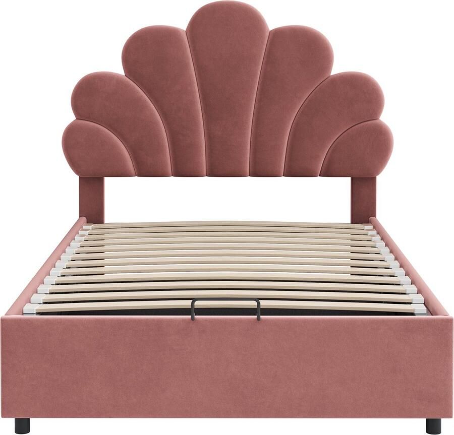 Merax Polsterbett Kinderbett 90 x 200 cm mit geblümtem Kopfteil und Lattenrost mit höhenverstellbarem Kopfteil und hydraulischem Stauraum hautfreundlicher Samtstoff Rosa - Foto 3