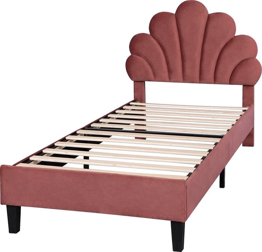 Merax Gestoffeerd Kinderbed 90x200 cm Velvet Bed met Bloemvormig Verstelbaar Hoofdbord Rood