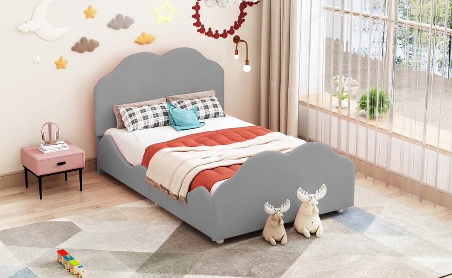 Merax Gestoffeerd Kinderbed 90x200 cm Bed met Hoog Omheind Bedframe Eenpersoonsbed met Wolkvormige Hoofdeinde en Voeteneinde Velvet Grijs - Foto 3