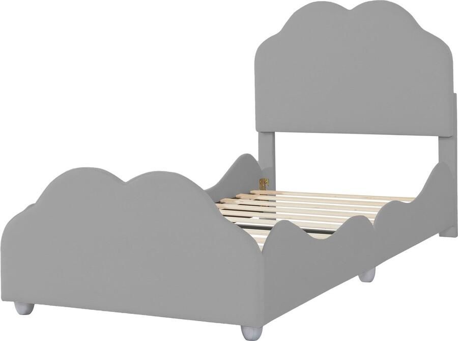 Merax Gestoffeerd Kinderbed 90x200 cm Bed met Hoog Omheind Bedframe Eenpersoonsbed met Wolkvormige Hoofdeinde en Voeteneinde Velvet Grijs - Foto 3