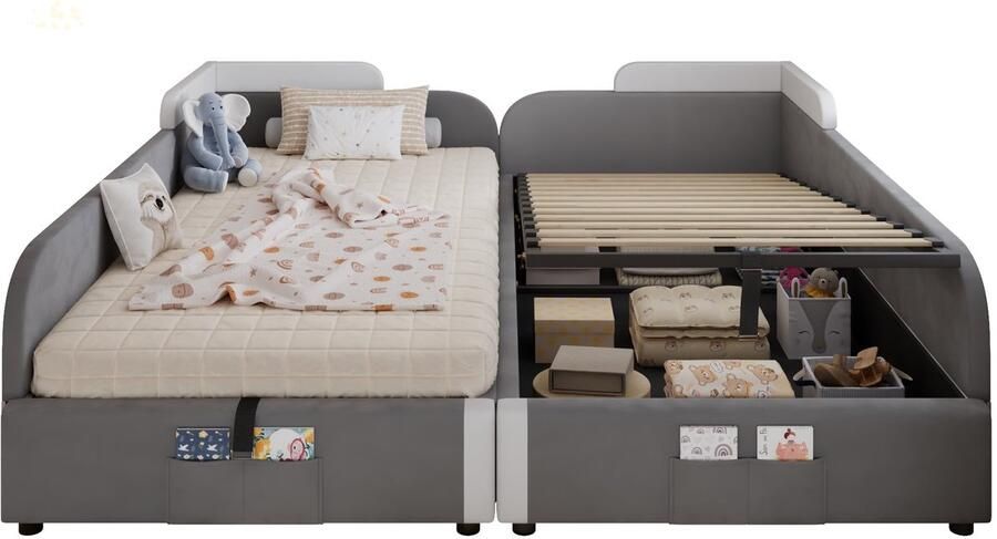 Merax Gestoffeerd Kinderbed 90x200 – Hydraulisch Opklapbed met Ruime Opbergruimte – Verhoogde Zachte Veiligheidsrand – Opbergvak aan Voeteneinde – Grijs Fluwelen Bed – 2 Slaapplaatsen