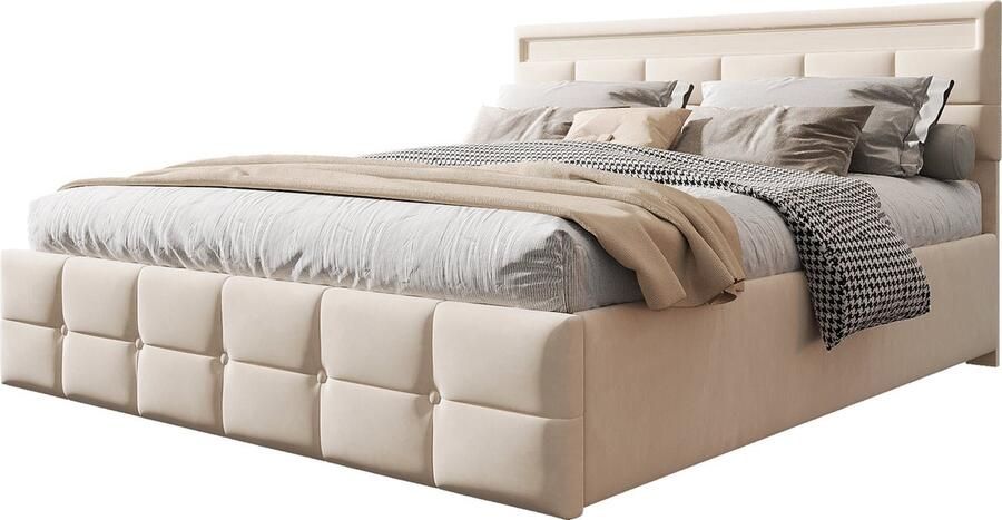 Merax Gestoffeerd Bed 180x200 cm met LED-verlichting en Hydraulische Opbergruimte Luxe Fluwelen Bekleding in Beige (Zonder Matras)