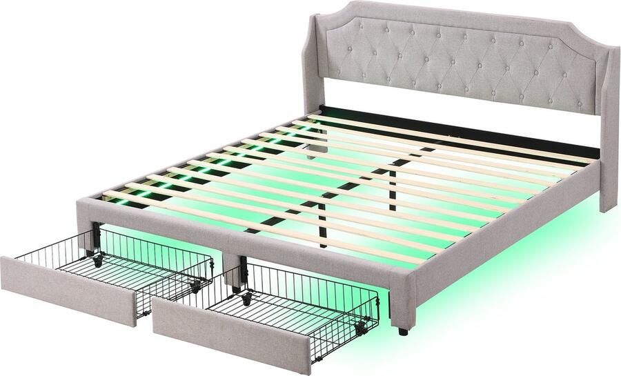 Merax 180x200 cm Gestoffeerd Bed met Lattenbodem en LED-Verlichting Slaapbed voor Volwassenen en Jongeren Grijs - Foto 2