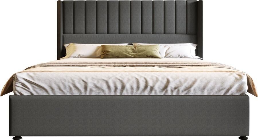 Merax Queensize Tweepersoonsbed 160x200 cm met Hydraulische Lattenbodem voor Opbergruimte Linnen Gestoffeerd Metalen Bedframe Grijs