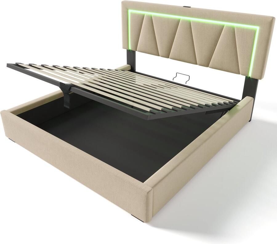 Merax Queensize Tweepersoonsbed Inclusief Koudschuim Matras Luxe Gestoffeerd Bed met LED-Verlichting en USB-C Aansluiting Linnen Bedframe Beige