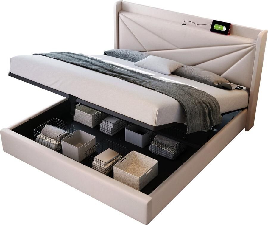 Merax 140x200 cm Bed met Stauraum en USB Type C Oplaadfunctie Verstelbaar Hoofdbord Leinenmateriaal Bedframe met Lattenbodem en 4 Schubladen (Zonder Matras)