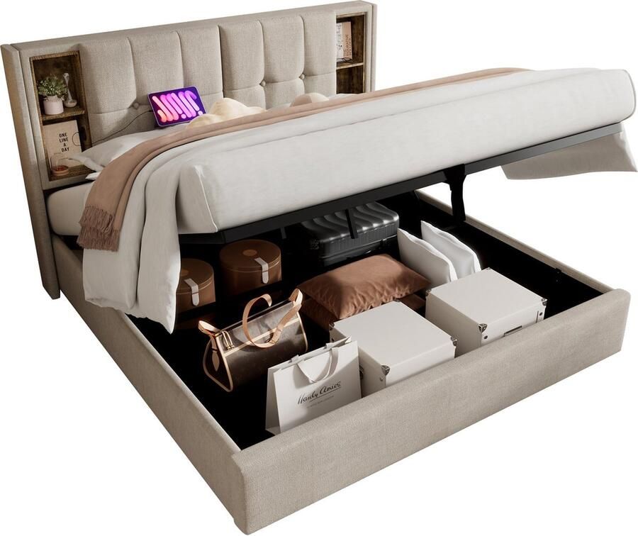 Merax Gestoffeerd Tweepersoonsbed 160x200 cm Inclusief Matras en Opbergruimte Luxe Bed met Draadloos Opladen en USB-C Aansluiting – Beige