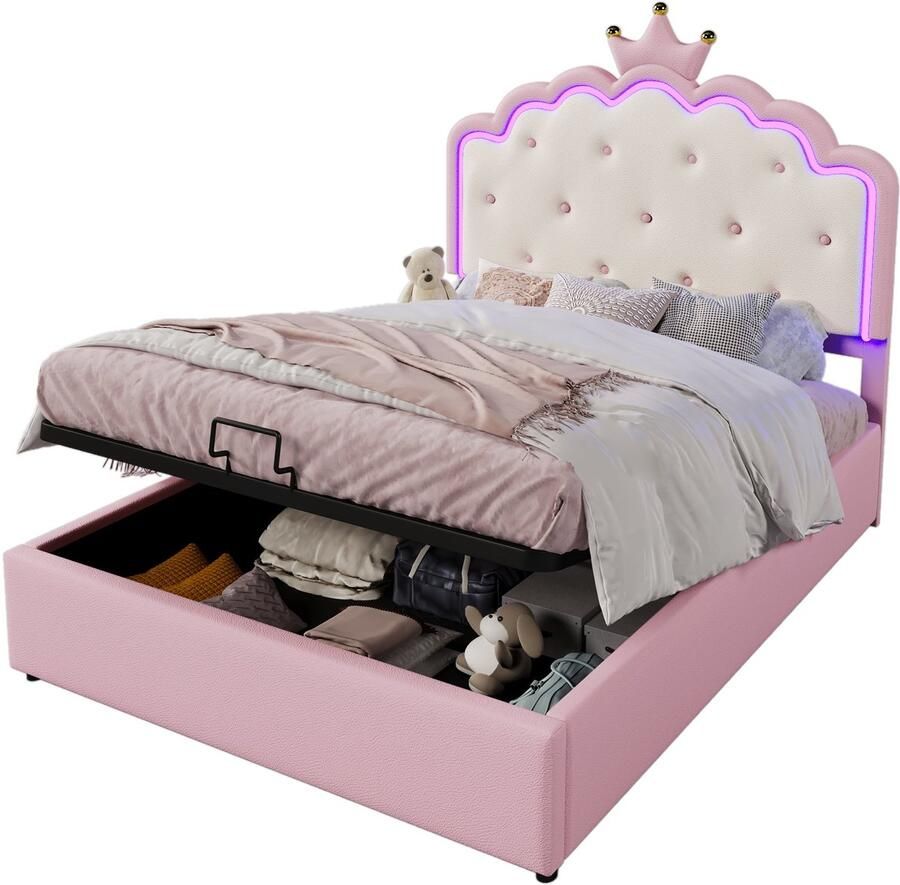 Merax Gestoffeerd Bed 140x200 cm – Inclusief Lattenbodem – Hydraulische Opbergruimte – LED Verlichting met Afstandsbediening – Prinsessenvorm – Kunstleer – Roze