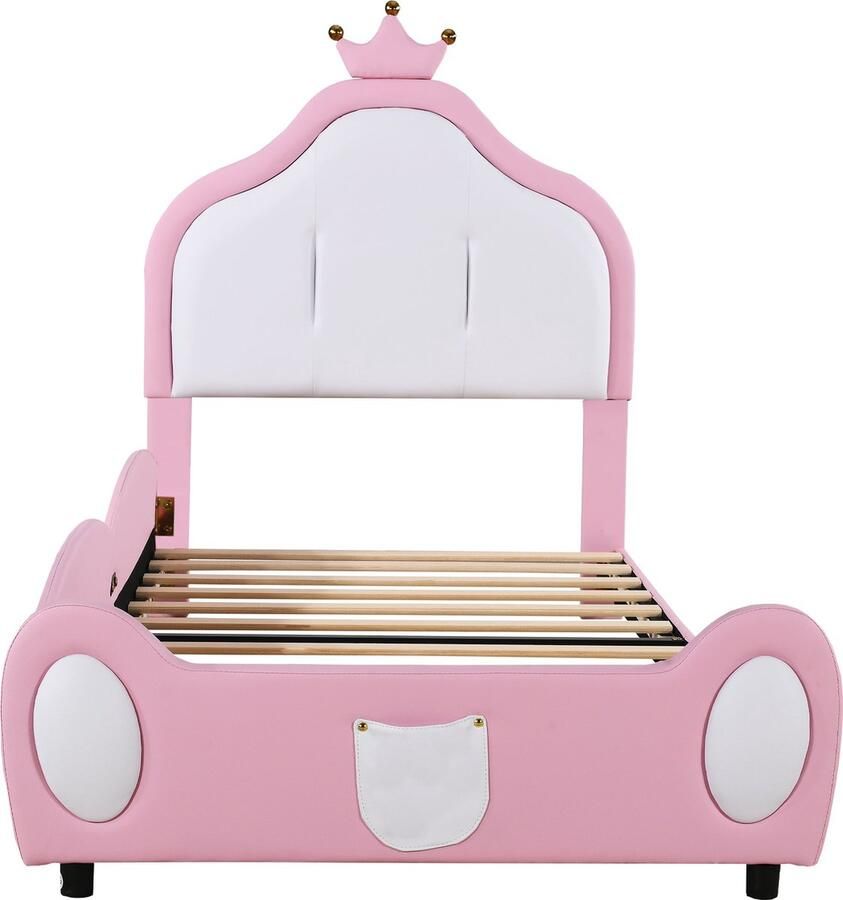 Merax Gestoffeerd Prinsessenbed 90x200 cm met Kroon op Hoofdbord Kunstleer Gestoffeerd Bed voor Kinderen Roze