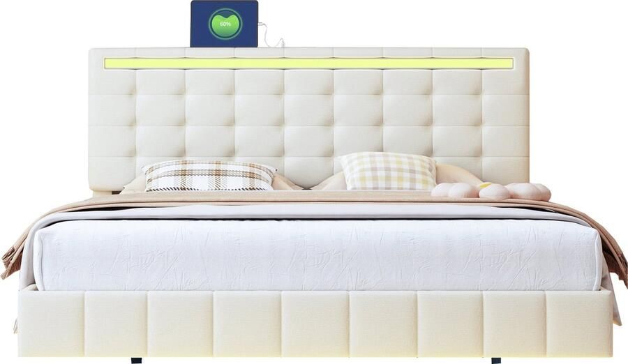 Merax Gestoffeerd Queensize Tweepersoonsbed 160x200 cm Zwevend Bedframe met LED-Verlichting en Hoofdbord Beige