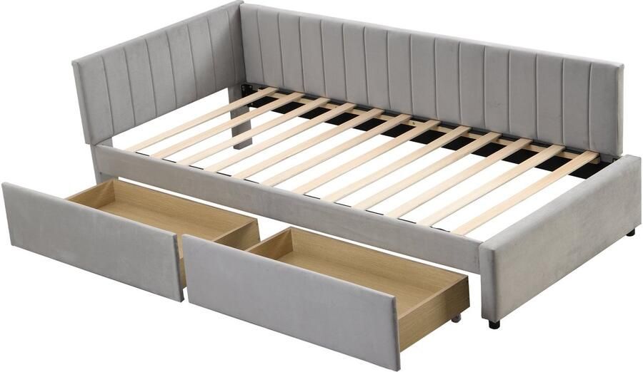 Merax Gestoffeerd Slaapbank 90x200 cm – Bed met Opbergruimte – 2 Grote Laden – Fluwelen Stof – Houten Lattenbodem – Grijs