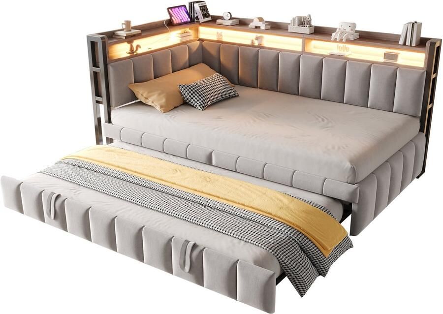 Merax Gestoffeerd Slaapbank 90x200cm met Uitschuifbed LED Verlichting USB en Type-C Oplaadfunctie Opbergvakken aan Hoofd- en Voeteneinde Fluwelen Stof Lichtgrijs