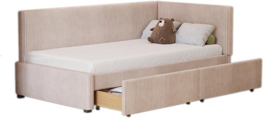 Merax Gestoffeerd Bed 90x200 cm Beige Multifunctioneel Slaapbank Bed met 2 Grote Laden Samtstof en Lattenbodem (Zonder Matras)