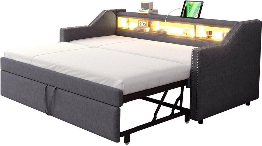 Merax Gestoffeerd Slaapbank Bed met Uitschuiffunctie 90 180x190 cm Opbergruimte LED Verlichting en USB-poort Inclusief Lattenbodem Donkergrijs