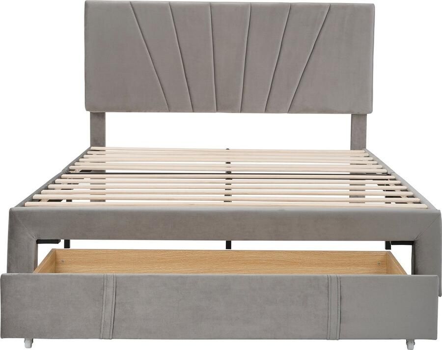 Merax gestoffeerd tweepersoons bed 140 x 200 cm met Lattenbodem Rugleuning en Grote Opberglade – Grijs velvet Geschikt als Jeugdbed of Gastbed (Zonder Matras)