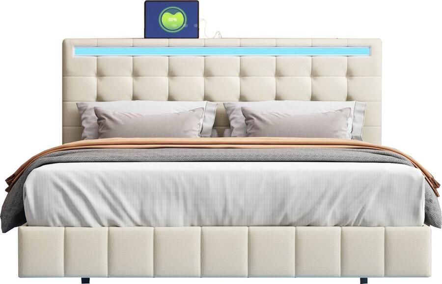 Merax Gestoffeerd Tweepersoonsbed 140 x 200 cm Luxe Zwevend Bedframe met LED-Verlichting en Hoofdbord Beige