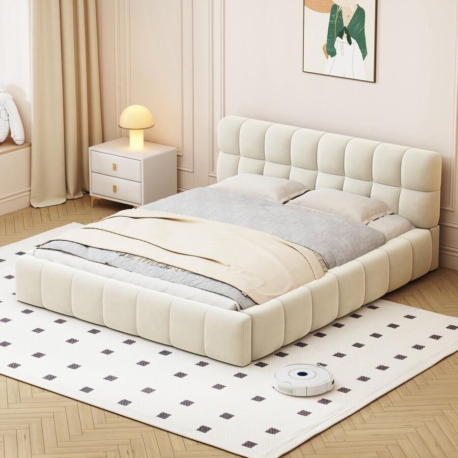 Merax Gestoffeerd Tweepersoonsbed 140x190 cm – Beige – Bed met Hoofdbord - Foto 2