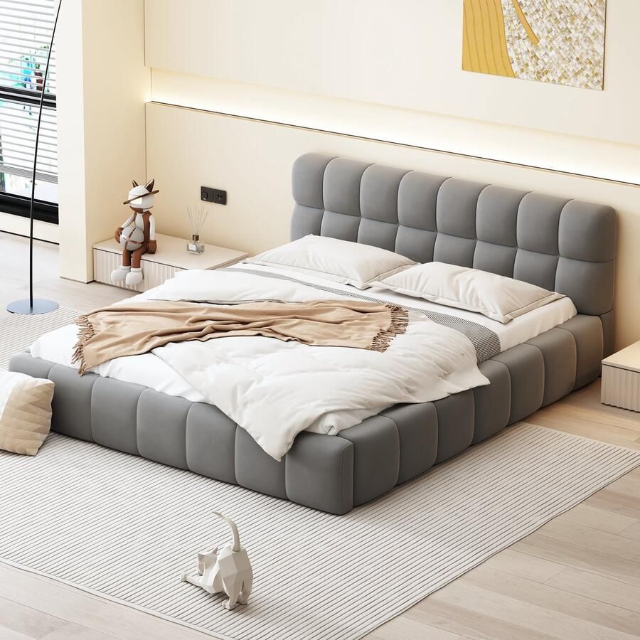 Merax Gestoffeerd Tweepersoonsbed 140x190 cm Comfortabel Bed met Zachte Rugleuning en Houten Lattenbodem Grijs Linnen - Foto 2