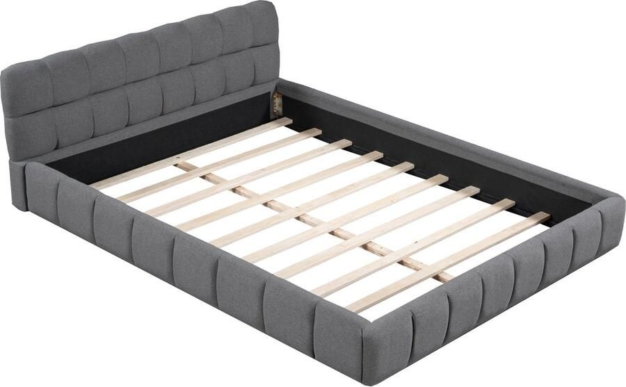 Merax Gestoffeerd Tweepersoonsbed 140x190 cm Comfortabel Bed met Zachte Rugleuning en Houten Lattenbodem Grijs Linnen