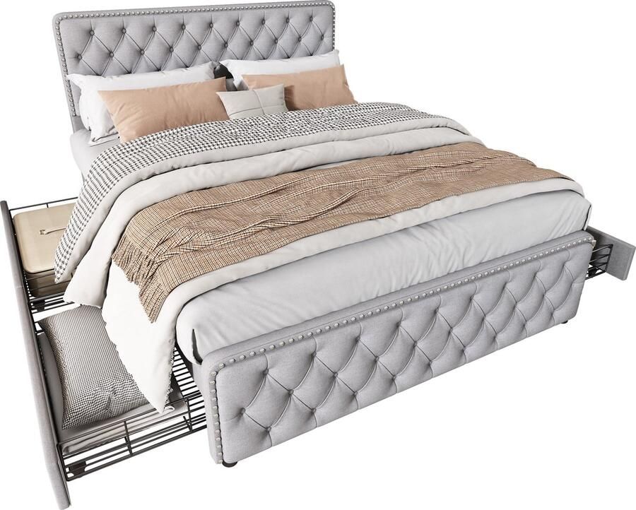 Merax Gestoffeerd Tweepersoonsbed 180x200 cm met Vier Lades Verstelbaar Hoofdbord Decoratieve Nieten en Lattenbodem Lichtgrijs