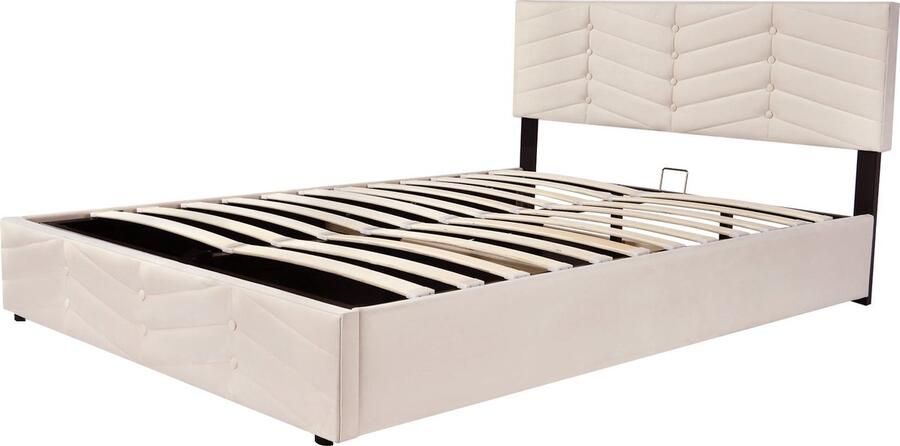 Merax Gestoffeerd Tweepersoonsbed 140x190 cm met Hydraulische Opbergruimte Luxe Dutch Velvet Bed met Verstelbaar Hoofdbord Beige - Foto 2