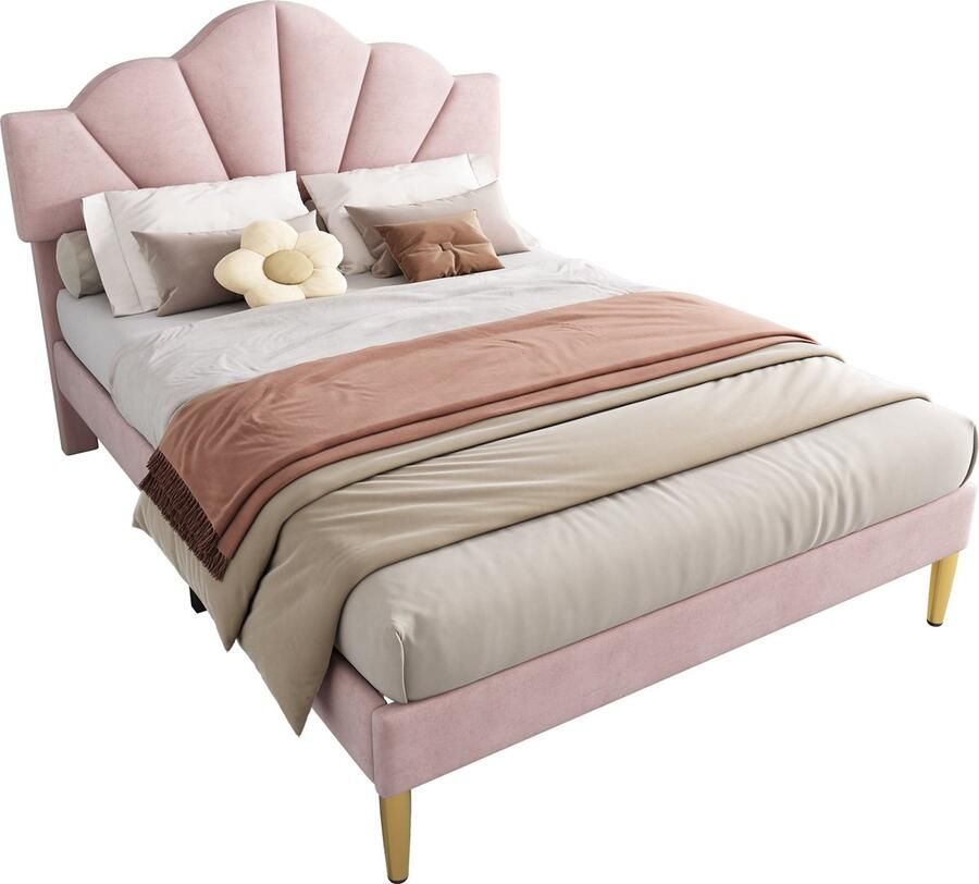 Merax Gestoffeerd Tweepersoonsbed 140x190 cm Modern Bed met Schelpvormig Verstelbaar Hoofdbord Velvet Bedframe Roze met Goud
